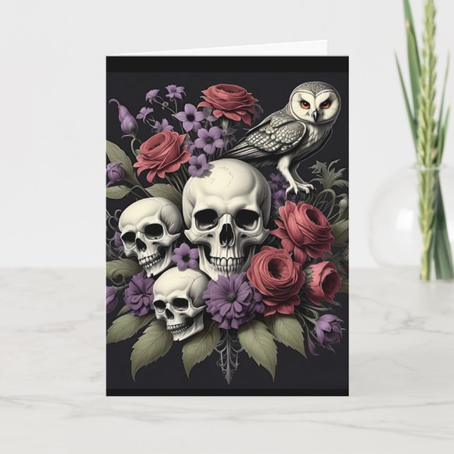 Gothic Bouquet with Three Skulls & an Owl Birthday Card (Front)