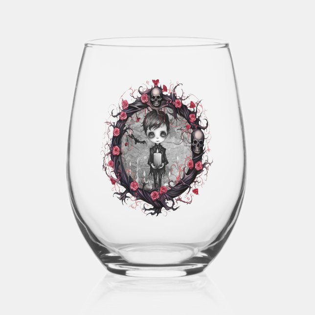 Gothic Boy with Flower Wreath Stemless Wine Glass (Front)