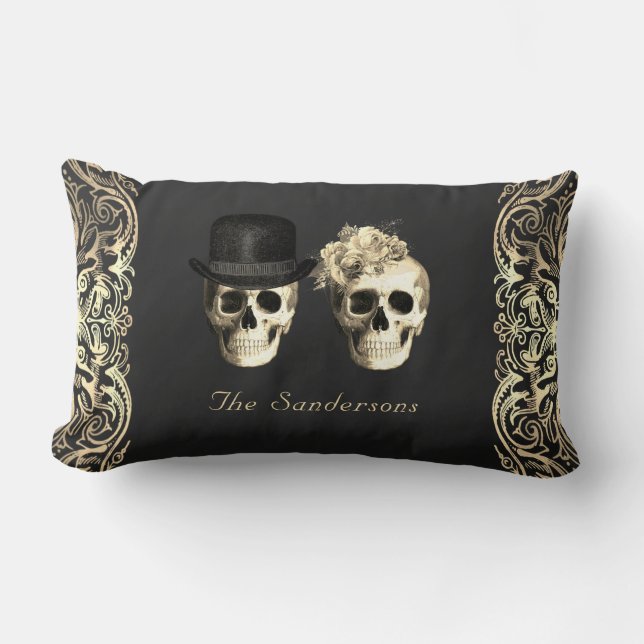 Gothic Bride Groom Skulls Personalised Lumbar Cushion (Front)