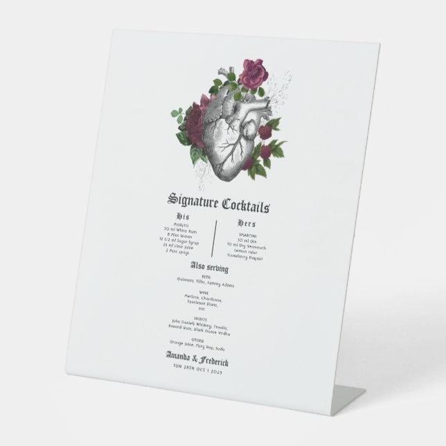 Gothic Burgundy Floral Heart Wedding Cocktail Menu Pedestal Sign (Front)
