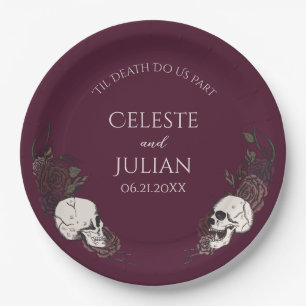 Gothic Burgundy Floral Skull Wedding Paper Plate