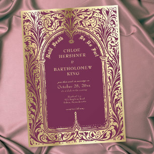 Gothic Burgundy Gold Mediaeval Until Death Wedding Invitation