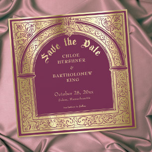 Gothic Burgundy Gold Mediaeval Wedding Save The Date