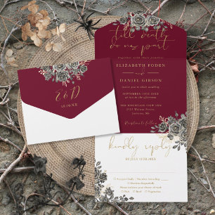 Gothic Burgundy Red And Black Roses Floral Wedding All In One Invitation