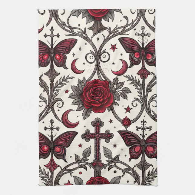 Gothic Butterfly Floral Pattern (1) Tea Towel (Vertical)