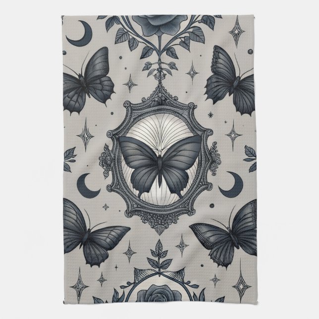 Gothic Butterfly Floral Pattern (2) Tea Towel (Vertical)
