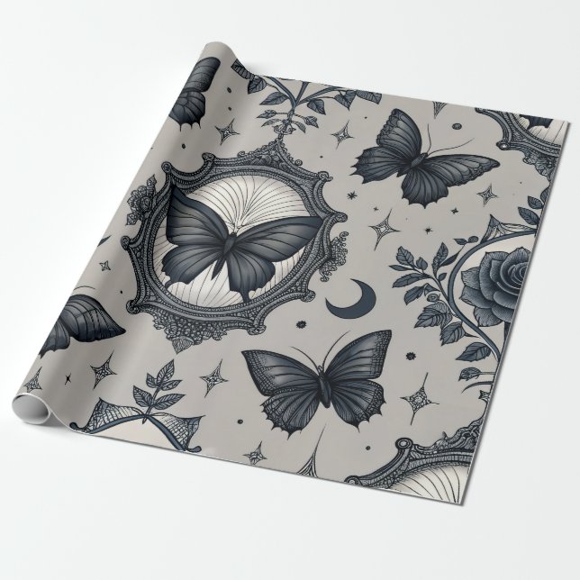 Gothic Butterfly Floral Pattern (2) Wrapping Paper (Unrolled)