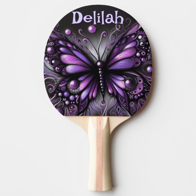 Gothic Butterfly Purple Black Personalised Ping Pong Paddle (Front)