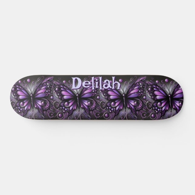 Gothic Butterfly Purple Black Personalised Skateboard (Horz)