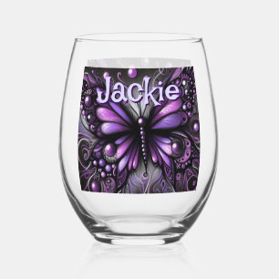Gothic Butterfly Purple Black Personalised Stemless Wine Glass