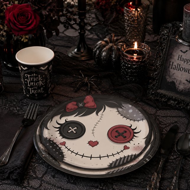 Gothic Button Eye Doll Face Pink Black Halloween  Paper Plate (Creator Uploaded)