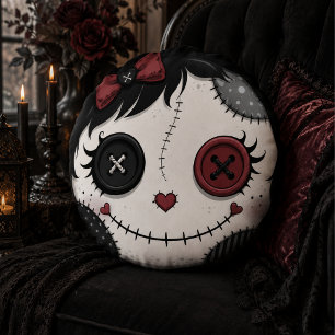 Gothic Button Eye Doll Face Pink Black Halloween Round Cushion