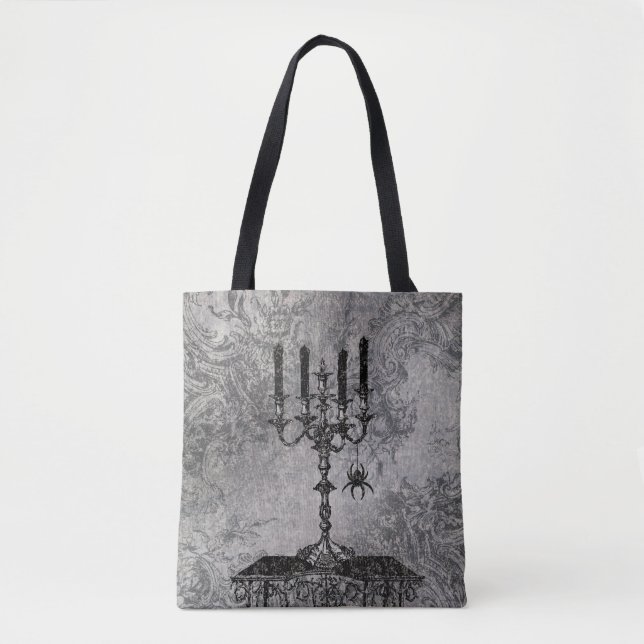 Gothic Candlestick with Spider, Halloween Tote Bag (Front)