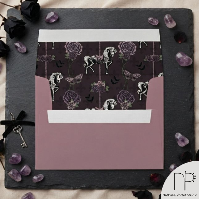 Gothic Carousel Horse Mauve Envelope (Moody dusty mauve and dark purple vintage circus carousel horse and roses for alternative party)