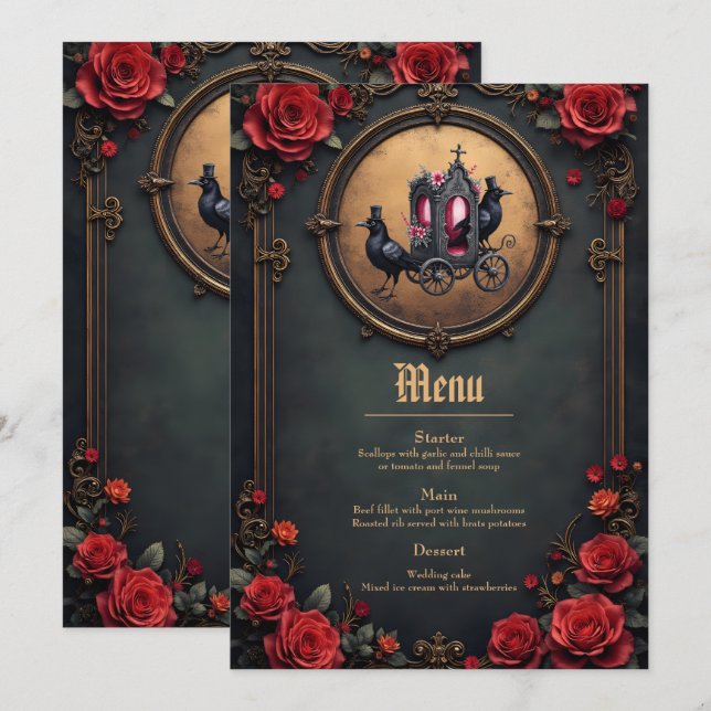 Gothic Carriage with Ravens and Roses.  Menu (Front/Back)