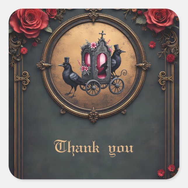 Gothic Carriage with Ravens and Roses.  Square Sticker (Front)