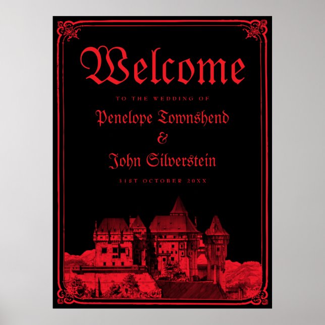 Gothic Castle Border Black Red Wedding Welcome Poster (Front)