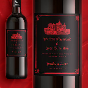 Gothic Castle Red Black Border Wedding Invitation Wine Label