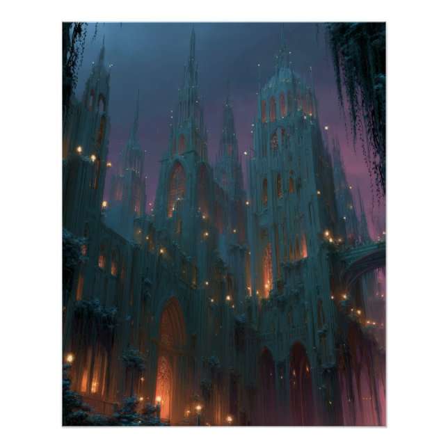 Gothic Castle Under Aurora Fantasy Night Art Poster (Front)