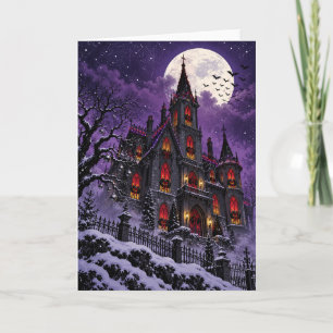 Gothic Castle Under the Full Moon Snowy Christmas Holiday Card