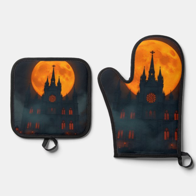 Gothic Cathedral Moon Halloween Mitt Set (Front)