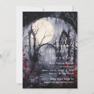 Gothic Cathedral Ruins & Red Roses Wedding Invitation
