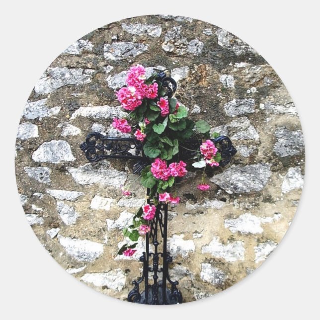 Gothic cemetery cross with flowers classic round sticker (Front)