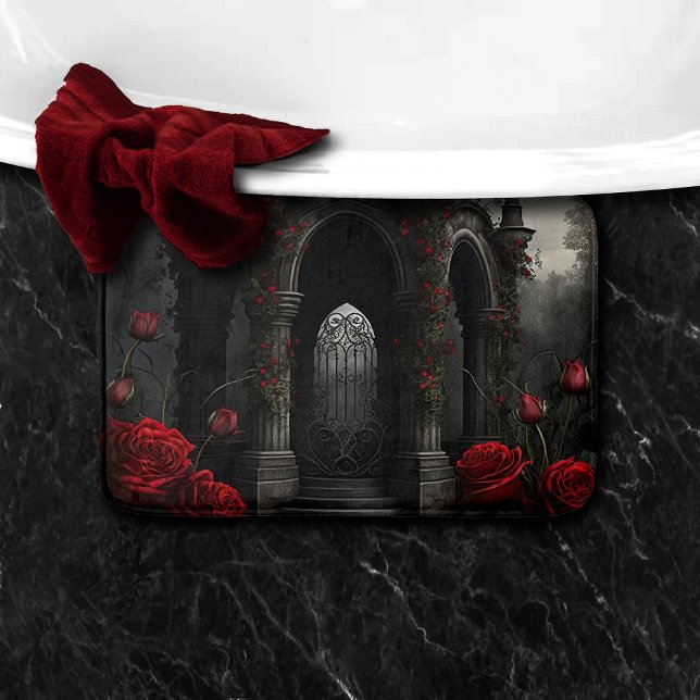 Gothic Cemetery Gazebo with Red Roses at Night Bath Mat (Creator Uploaded)