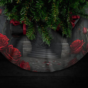 Gothic Cemetery Gazebo with Red Roses at Night Brushed Polyester Tree Skirt