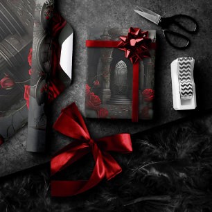 Gothic Cemetery Gazebo with Red Roses at Night Wrapping Paper
