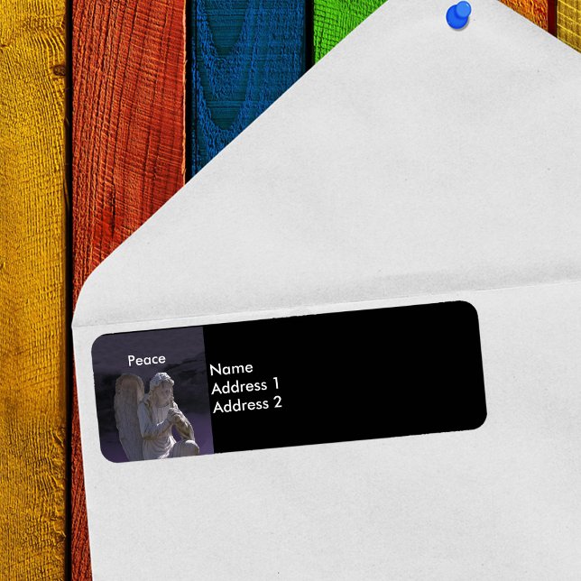 Gothic Cemetery Stone Angel Peace Return Address (Peaceful angel stone statue light shining from above on purple and black return address labels.)
