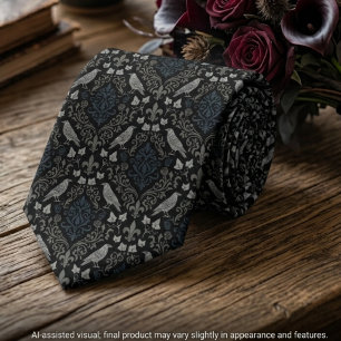 Gothic Charcoal Black Damask Raven Tie