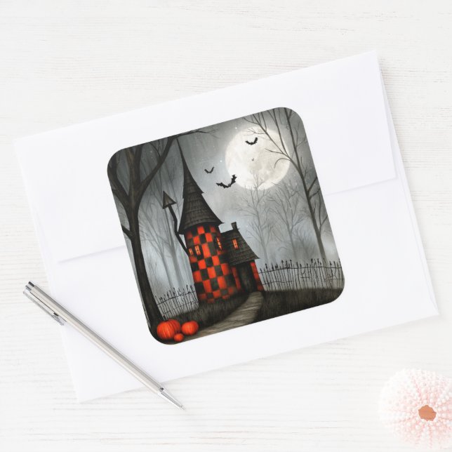 Gothic Chequerboard Halloween Tower Square Sticker (Envelope)