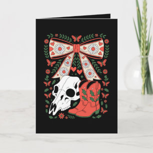 Gothic Christmas Cowboy Boots Skull Bow Holly Xmas Card