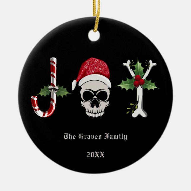 Gothic Christmas JOY Skull Ceramic Tree Decoration (Front)