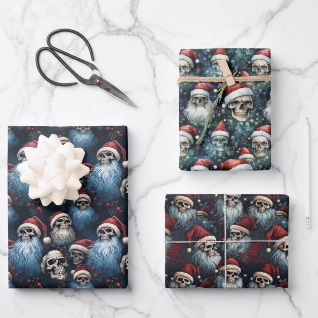 Gothic Christmas Skulls in Santa Hats Gothmas Wrapping Paper Sheet (Front)