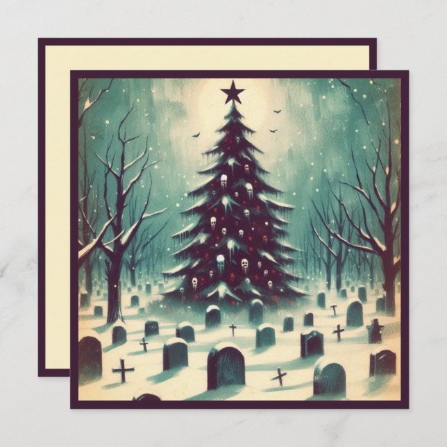 Gothic Christmas Tree with Graveyard Bats Horror Holiday Card (Front/Back)