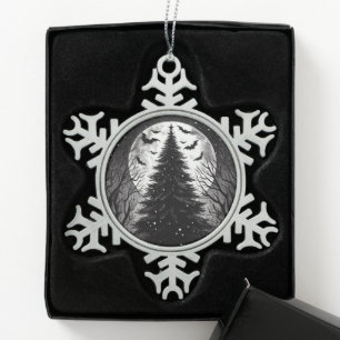 Gothic Christmas Tree with Spooky Bats Horror Snowflake Pewter Christmas Ornament