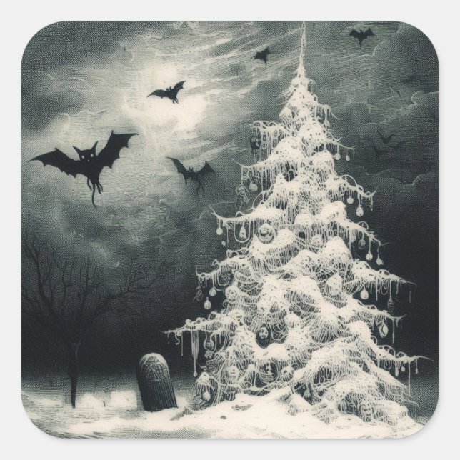 Gothic Christmas Tree with Spooky Bats Horror Square Sticker (Front)
