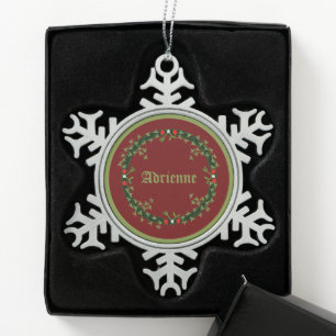 Gothic Christmas Wreath Custom Name Snowflake Pewter Christmas Ornament
