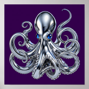 Gothic Chrome Octopus with Sapphire Eyes Fantasy A Poster