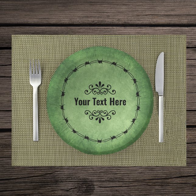 Gothic Circle Black Barbed Wire Scrolls on Green Paper Plate (Gothic circle black barbed wire ornate black scrolls on grungy green paper party bowls.)