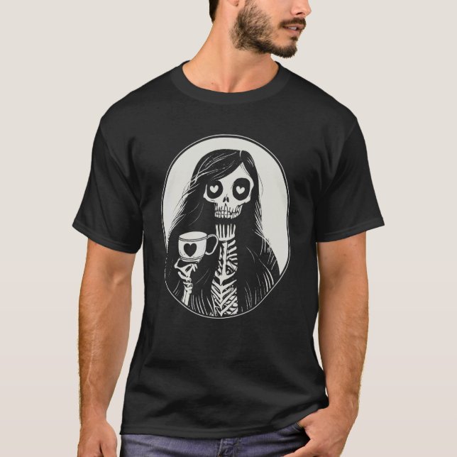 Gothic Coffee Drinking Skeleton Woman T-Shirt (Front)