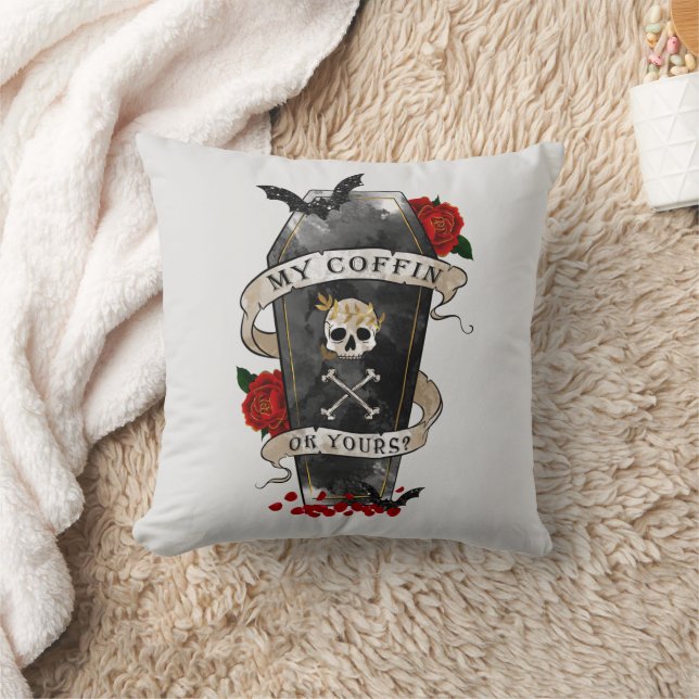 Gothic Coffin & Skull with Red Rose Cushion (Blanket)