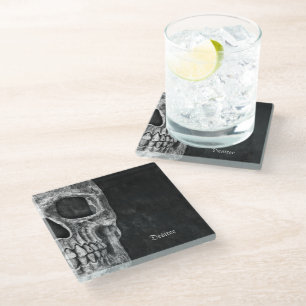 Gothic Cool Half Skull Head Black And White Grunge Glass Coaster