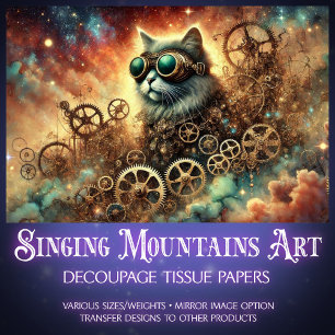 Gothic Cosmic Steampunk Cat Dream Decoupage Tissue Paper