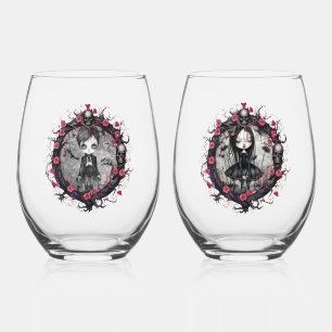 Gothic Couple Skulls and Roses Stemless Wine Glass