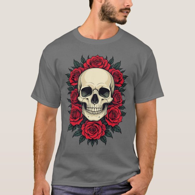 Gothic Cranium Surrounded By Red Roses T-Shirt (Front)