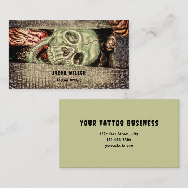 Gothic Creepy Green Skull Head Tattoo Shop Business Card (Front/Back)