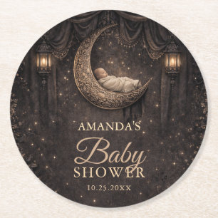 Gothic Crescent Moon Stars Baby Shower Round Paper Coaster